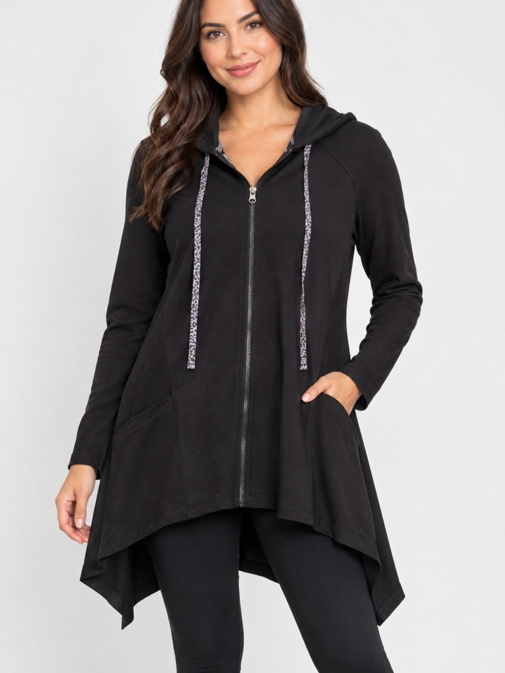 LOGO Lounge Lori Goldstein French Terry Hi-Low Hem Zip Front Hoodie S Black EUC!